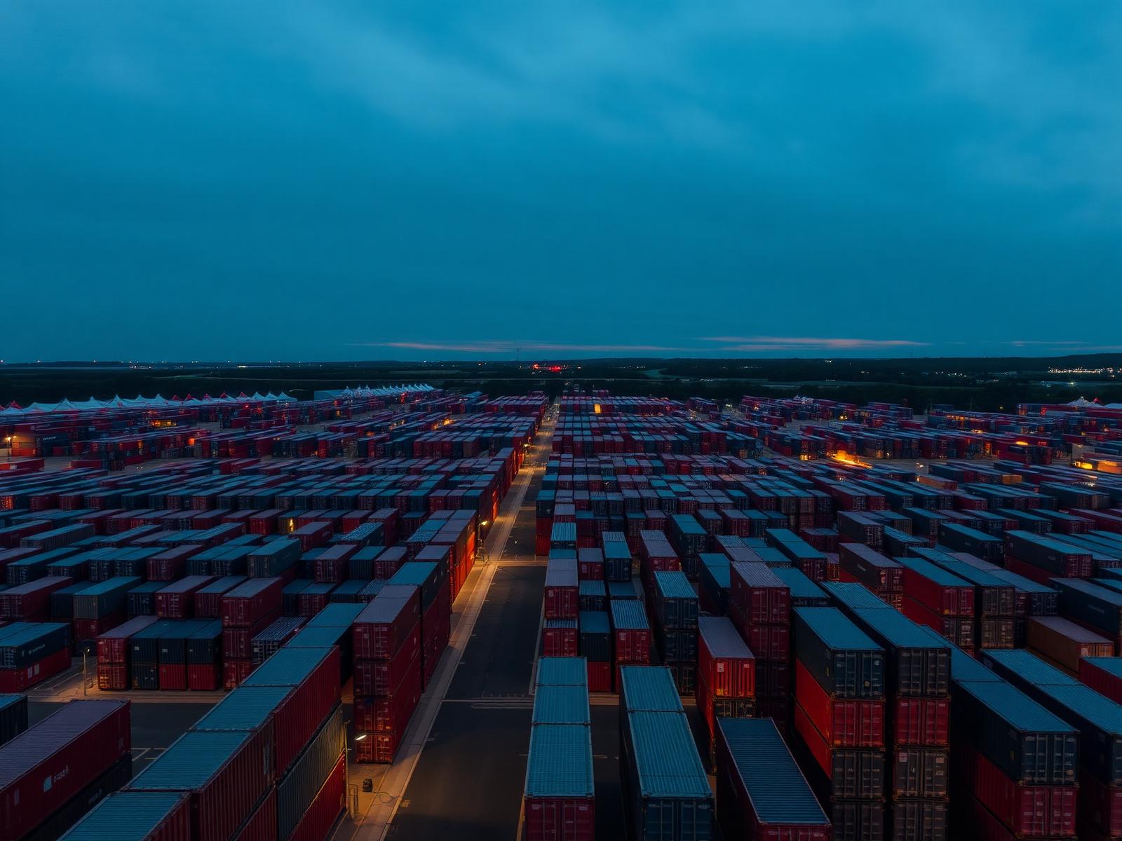 Containers arranged in rows across an intermodal terminal at dusk