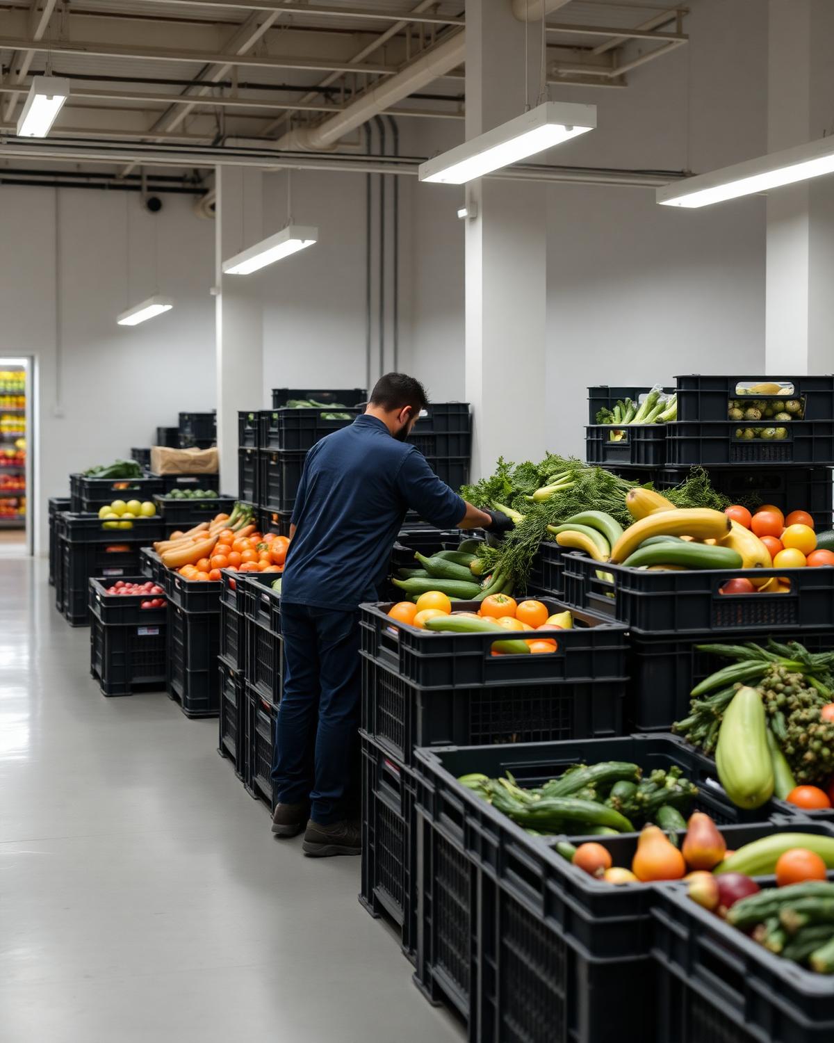 Crates of fresh produce organized in a refrigerated distribution facility