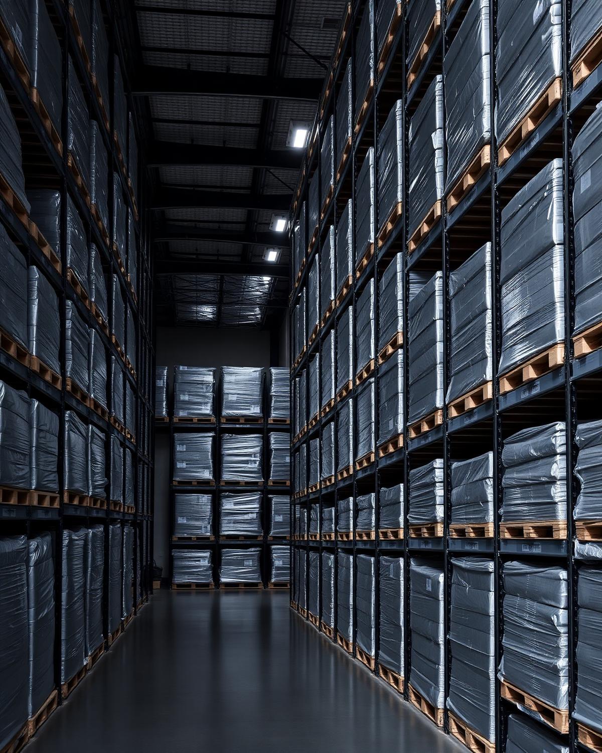 Industrial warehouse racking filled with wrapped pallets